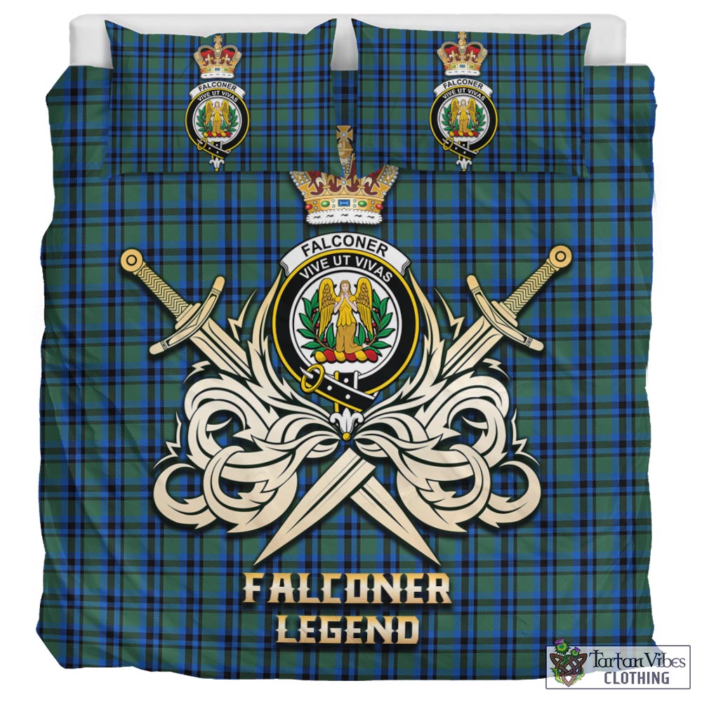 Tartan Vibes Clothing Falconer Tartan Bedding Set with Clan Crest and the Golden Sword of Courageous Legacy