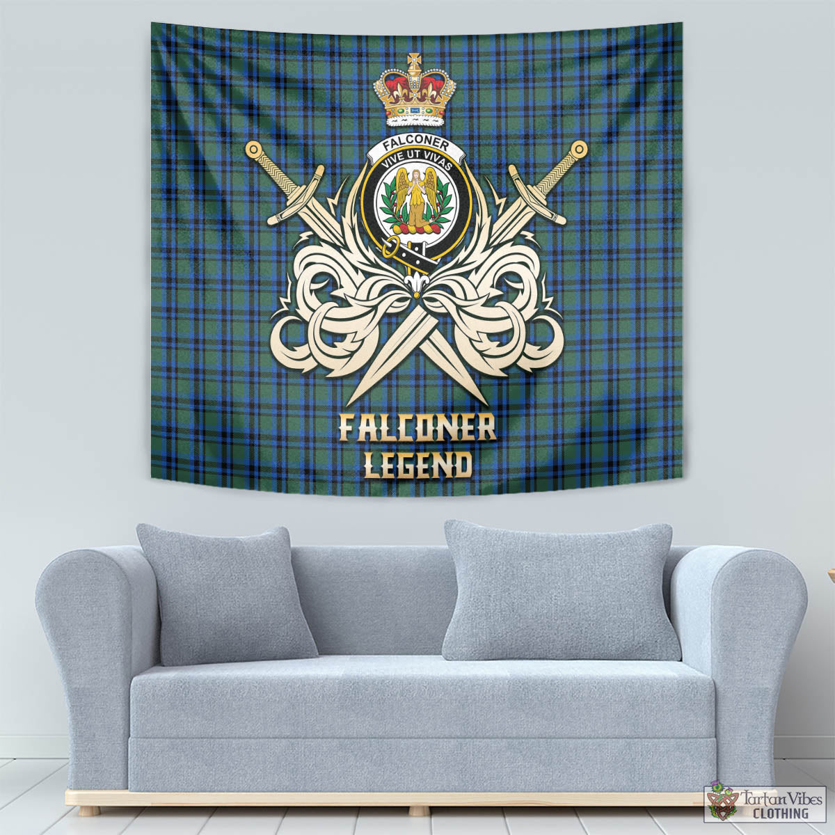 Tartan Vibes Clothing Falconer Tartan Tapestry with Clan Crest and the Golden Sword of Courageous Legacy