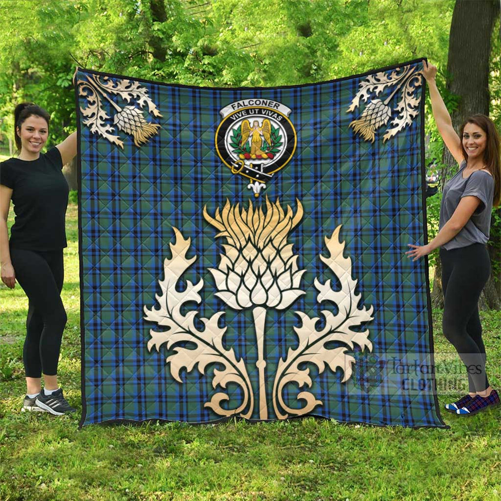 Tartan Vibes Clothing Falconer Tartan Quilt with Family Crest and Golden Thistle Style