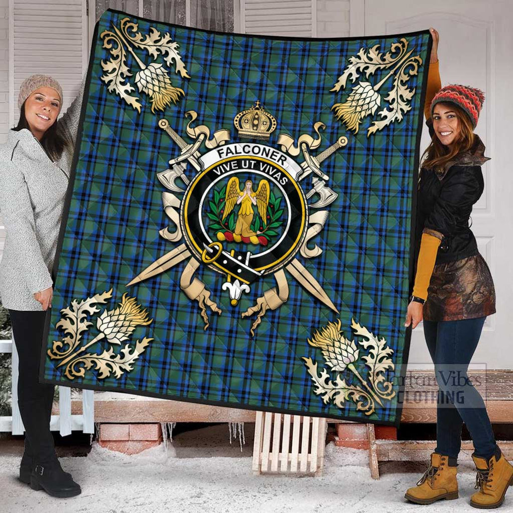 Tartan Vibes Clothing Falconer Tartan Quilt with Family Crest and Scottish Golden Courage Shield