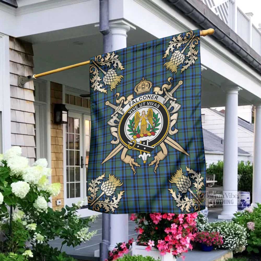 Tartan Vibes Clothing Falconer Tartan Flag with Family Crest and Golden Thistle Crossed Sword Design