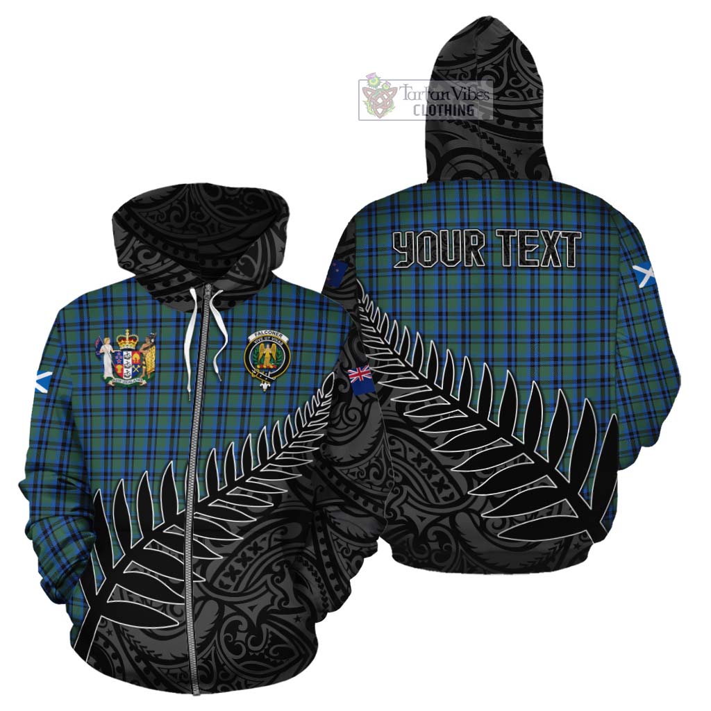 Tartan Vibes Clothing Falconer Crest Tartan Cotton Hoodie with New Zealand Silver Fern Half Style