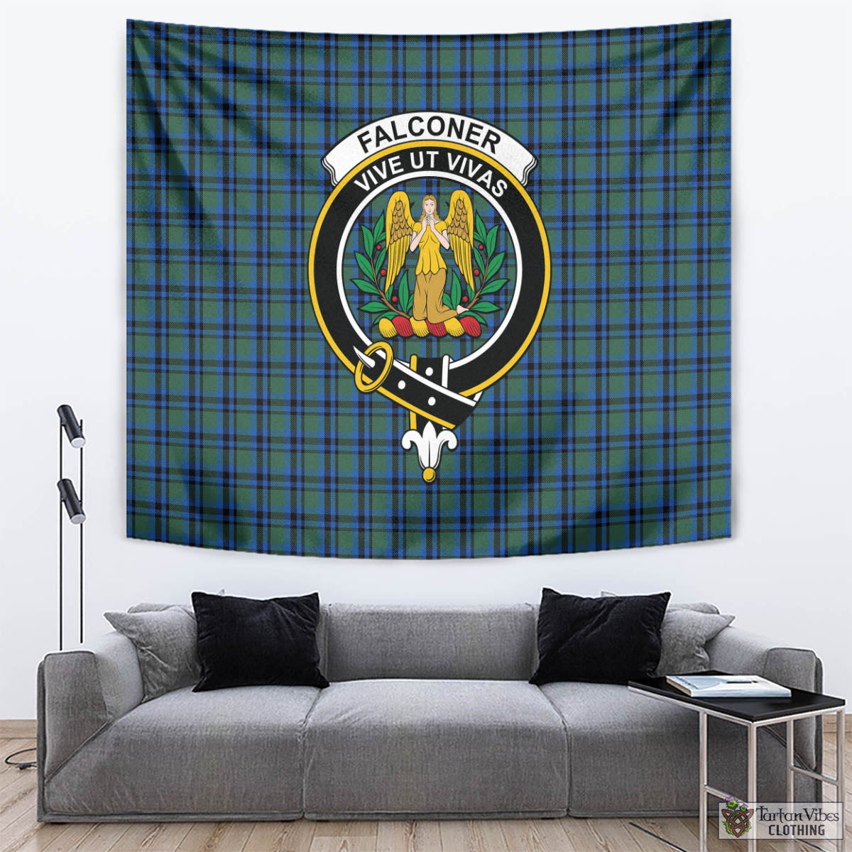 Tartan Vibes Clothing Falconer Tartan Tapestry Wall Hanging and Home Decor for Room with Family Crest