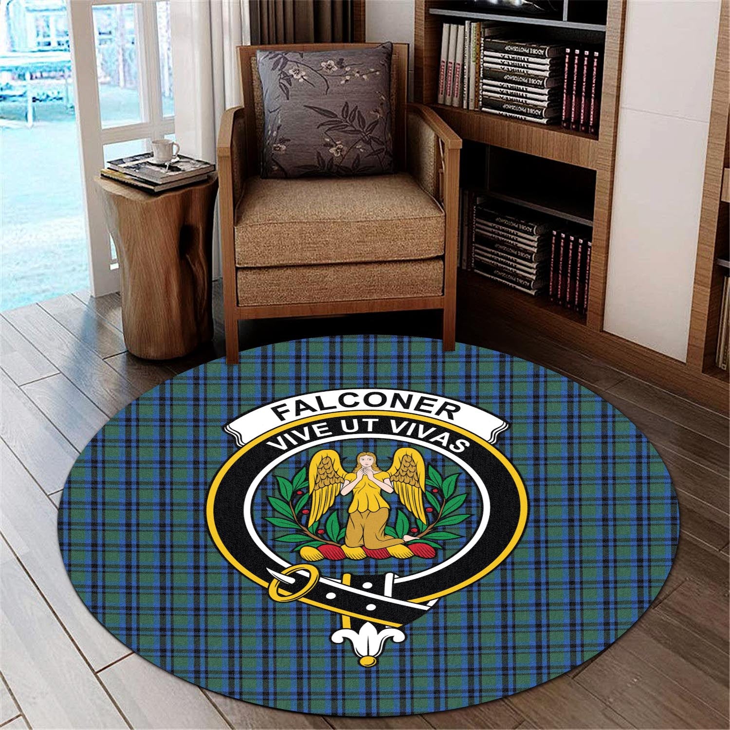 Falconer Tartan Round Rug with Family Crest - Tartanvibesclothing