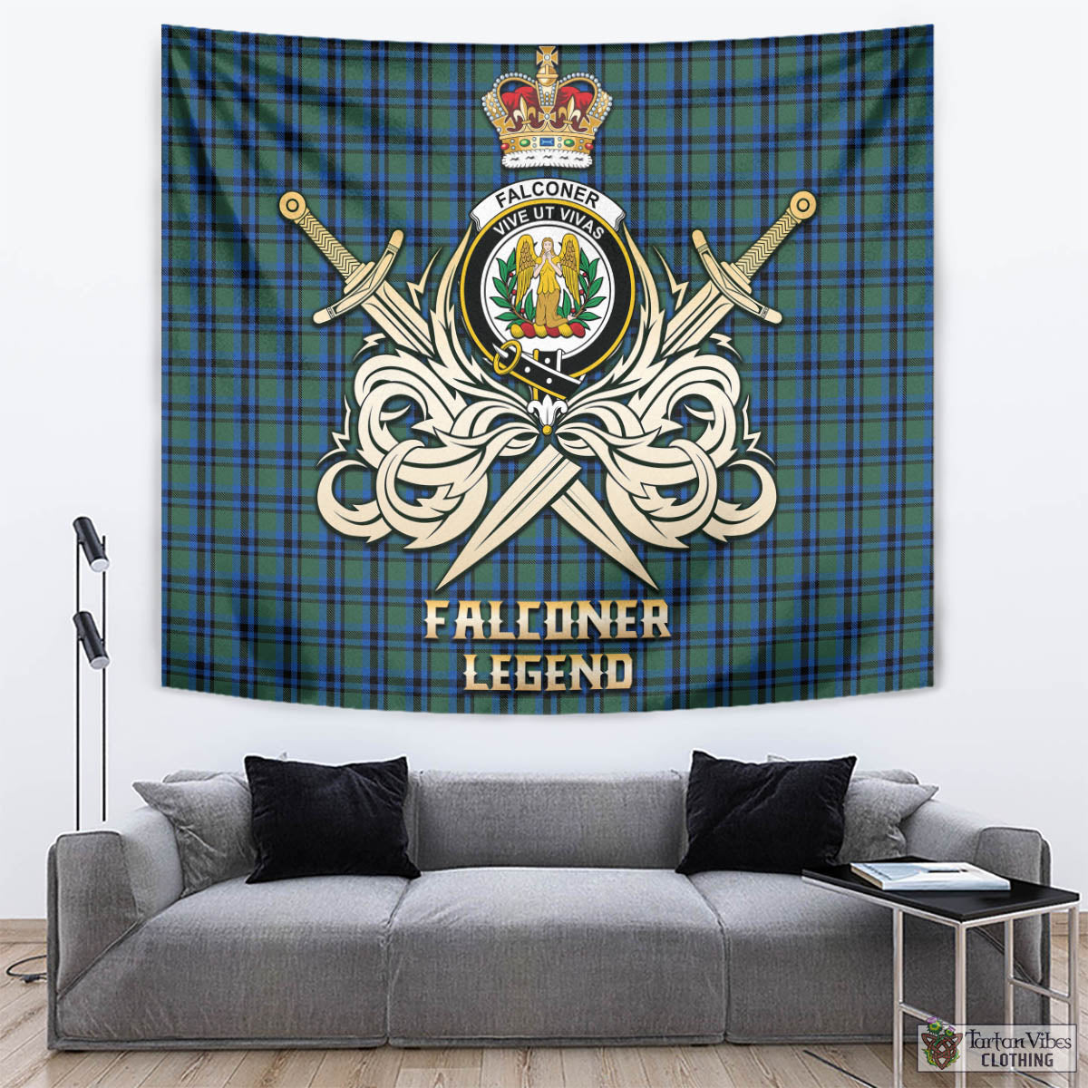 Tartan Vibes Clothing Falconer Tartan Tapestry with Clan Crest and the Golden Sword of Courageous Legacy