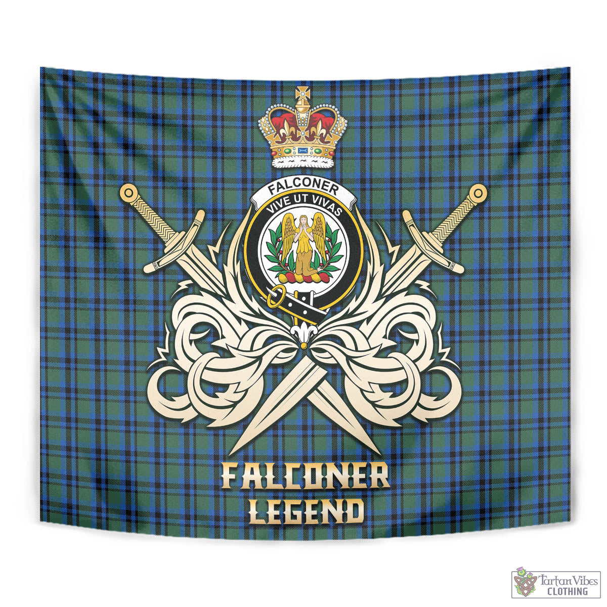 Tartan Vibes Clothing Falconer Tartan Tapestry with Clan Crest and the Golden Sword of Courageous Legacy