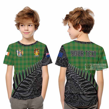 Falkiner Irish Clan Tartan Kid T-Shirt with Coat of Arms New Zealand Silver Fern Half Style