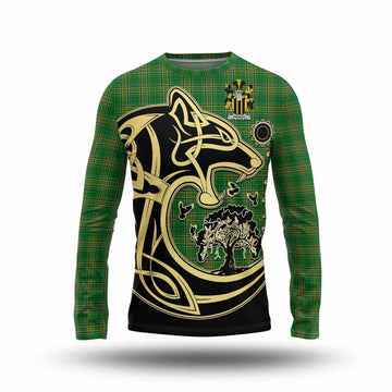 Farley Irish Tartan Long Sleeve T-Shirt with Coat of Arms Celtic Wolf Style