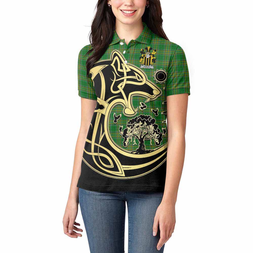 Tartan Vibes Clothing Farley Irish Tartan Women's Polo Shirt with Coat of Arms Celtic Wolf Style