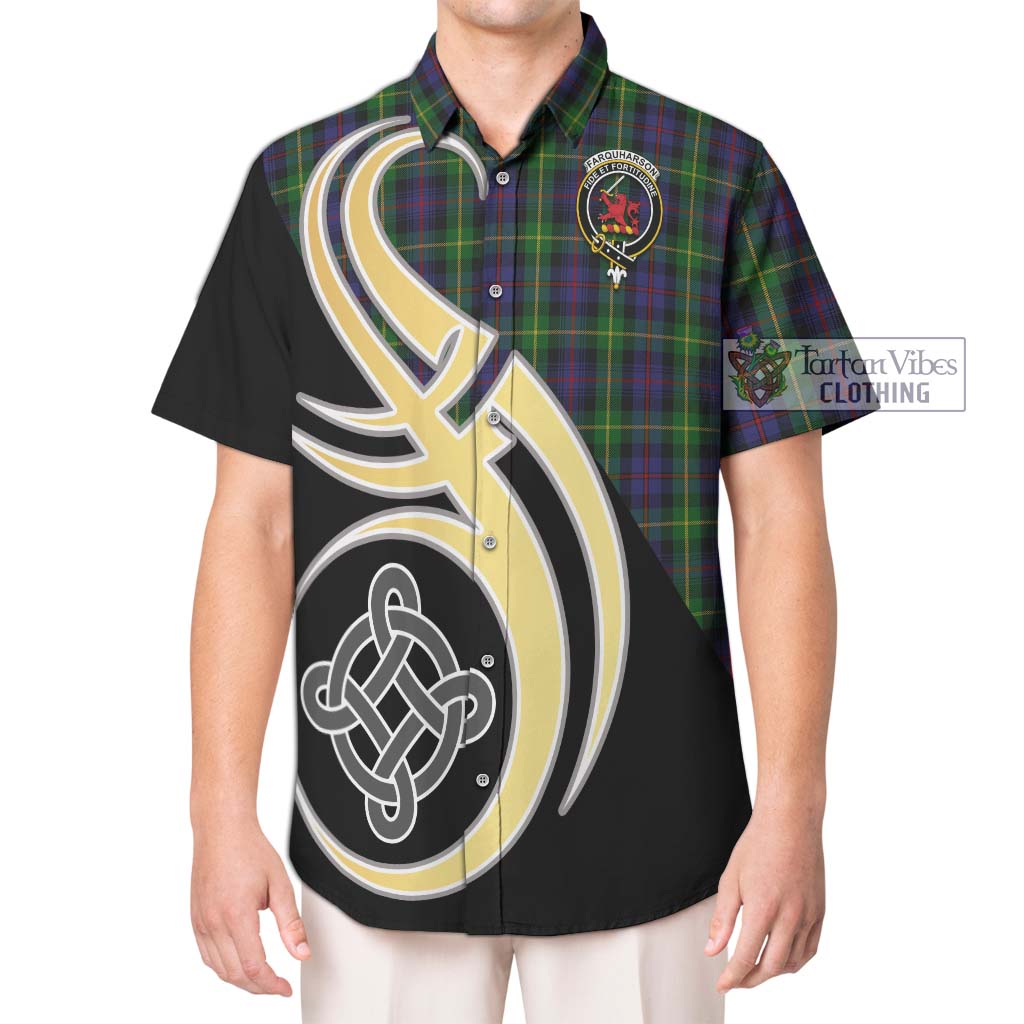 Farquharson Tartan Short Sleeve Button Shirt with Family Crest and Celtic Symbol Style Kid - Tartan Vibes Clothing