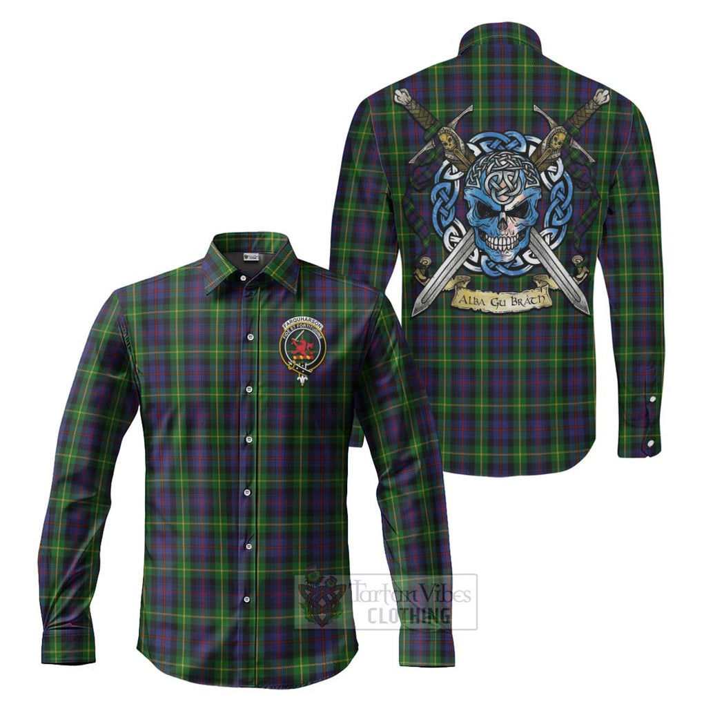 Tartan Vibes Clothing Farquharson Tartan Long Sleeve Button Shirt with Family Crest Celtic Skull Style