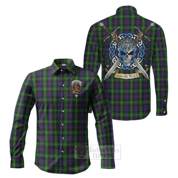 Farquharson Tartan Long Sleeve Button Shirt with Family Crest Celtic Skull Style