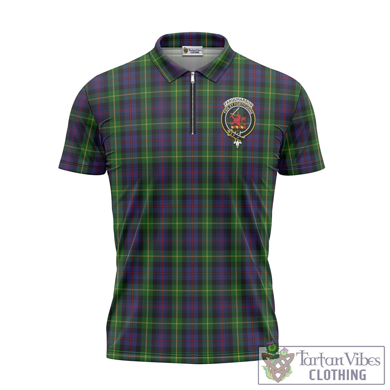 Tartan Vibes Clothing Farquharson Tartan Zipper Polo Shirt with Family Crest