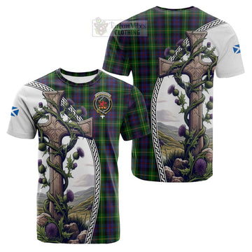 Farquharson Tartan Cotton T-shirt with Family Crest and St. Andrew's Cross Accented by Thistle Vines