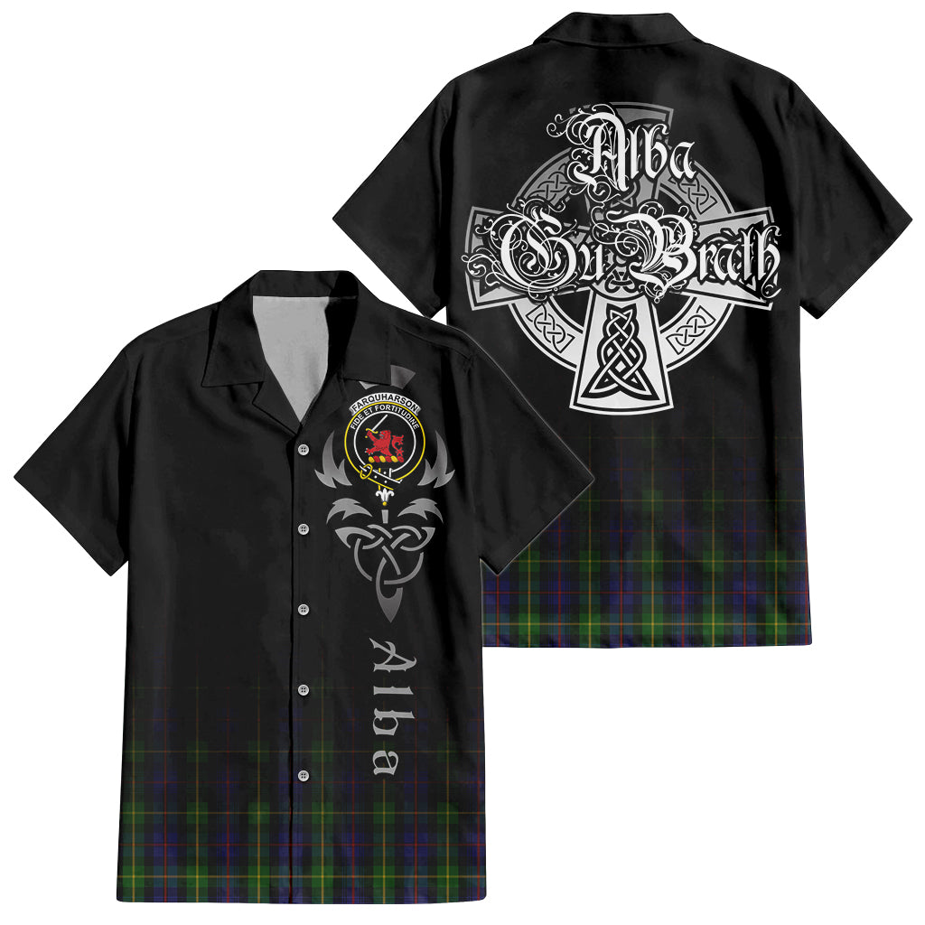 Tartan Vibes Clothing Farquharson Tartan Short Sleeve Button Up Featuring Alba Gu Brath Family Crest Celtic Inspired