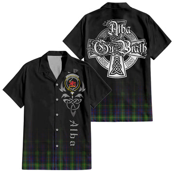 Farquharson Tartan Short Sleeve Button Up Shirt Featuring Alba Gu Brath Family Crest Celtic Inspired