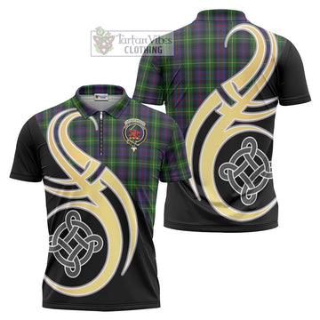 Farquharson Tartan Zipper Polo Shirt with Family Crest and Celtic Symbol Style