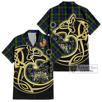 Farquharson Tartan Short Sleeve Button Shirt with Family Crest Celtic Wolf Style