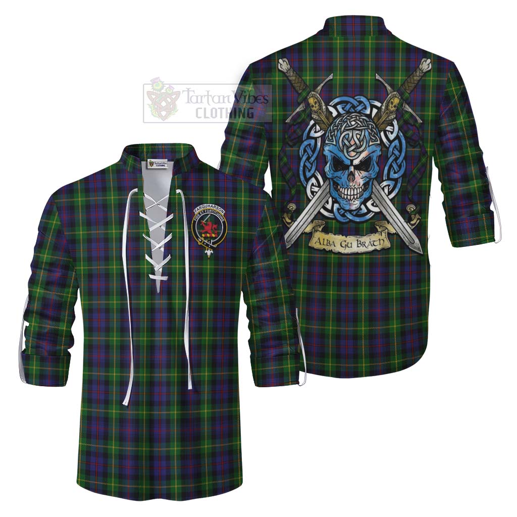 Tartan Vibes Clothing Farquharson Tartan Ghillie Kilt Shirt with Family Crest Celtic Skull Style