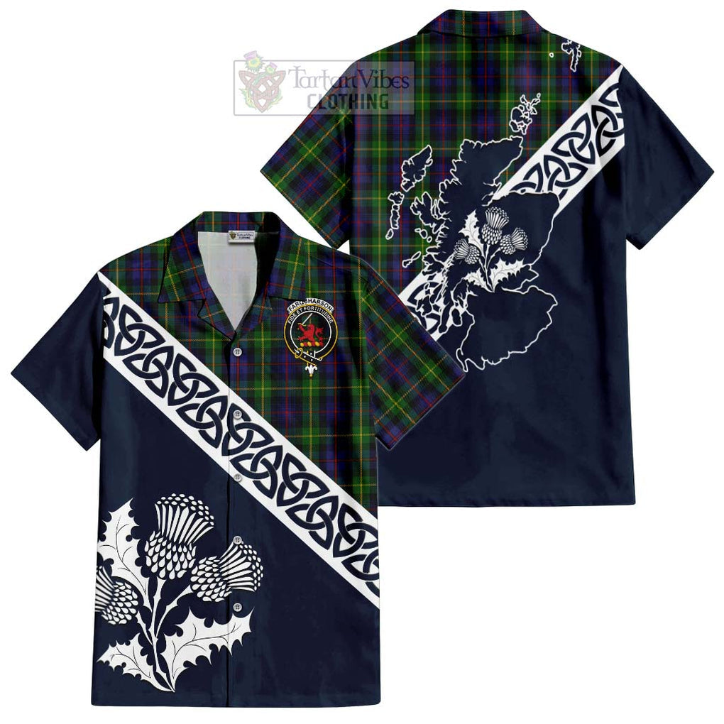 Tartan Vibes Clothing Farquharson Tartan Short Sleeve Button Shirt Featuring Thistle and Scotland Map