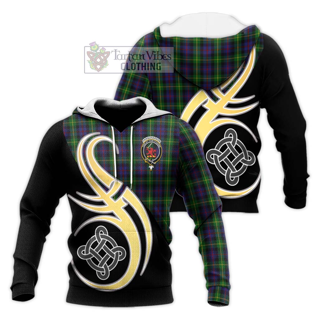 Tartan Vibes Clothing Farquharson Tartan Knitted Hoodie with Family Crest and Celtic Symbol Style