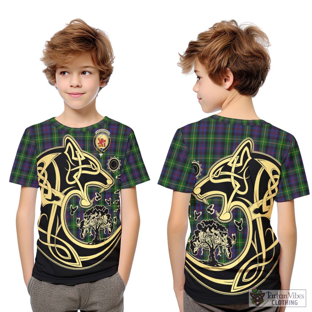 Tartan Vibes Clothing Farquharson Tartan Kid T-Shirt with Family Crest Celtic Wolf Style