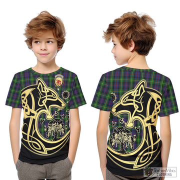 Farquharson Tartan Kid T-Shirt with Family Crest Celtic Wolf Style