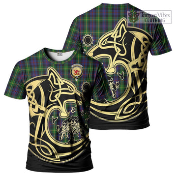 Farquharson Tartan T-Shirt with Family Crest Celtic Wolf Style