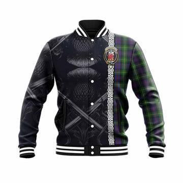 Farquharson Tartan Baseball Jacket with Family Crest Cross Sword Thistle Celtic Vibes