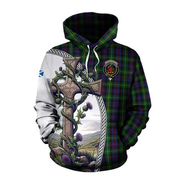 Farquharson Tartan Cotton Hoodie with Family Crest and St. Andrew's Cross Accented by Thistle Vines Pullover Hoodie XS - Tartan Vibes Clothing