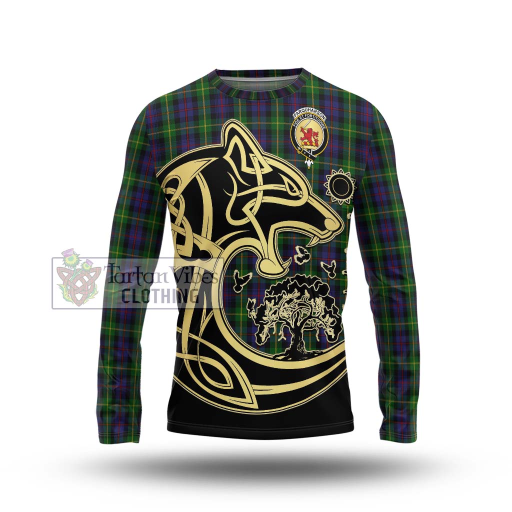 Tartan Vibes Clothing Farquharson Tartan Long Sleeve T-Shirt with Family Crest Celtic Wolf Style