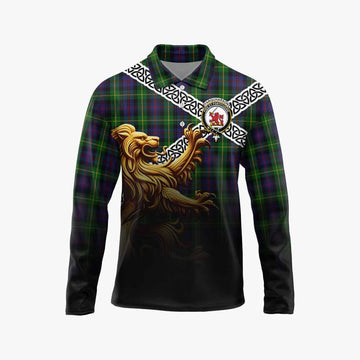 Farquharson Crest Tartan Long Sleeve Polo Shirt with Golden Lion Emblem Celtic Style Unisex - Tartan Vibes Clothing