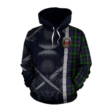 Farquharson Tartan Cotton Hoodie with Family Crest Cross Sword Thistle Celtic Vibes