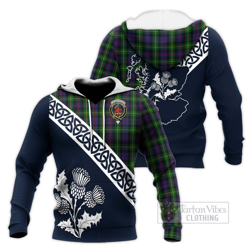 Tartan Vibes Clothing Farquharson Tartan Knitted Hoodie Featuring Thistle and Scotland Map