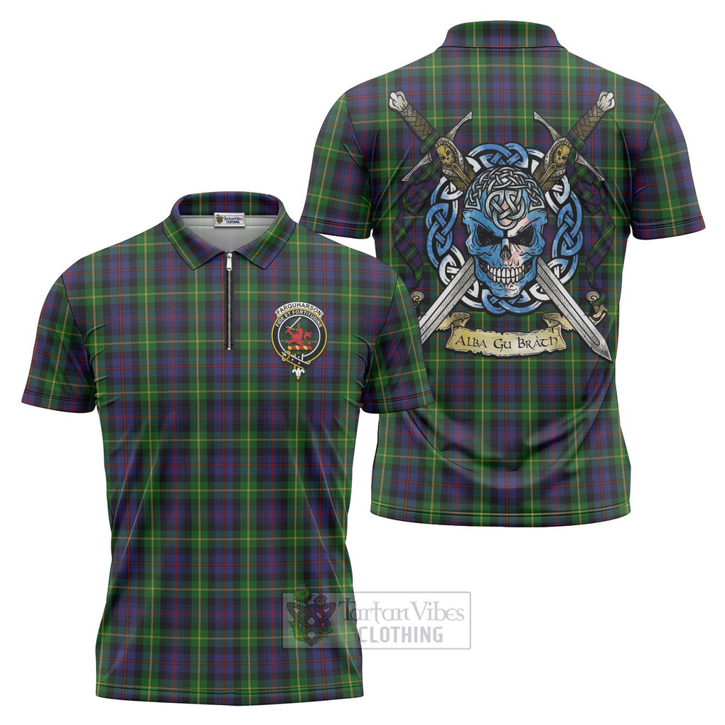 Tartan Vibes Clothing Farquharson Tartan Zipper Polo Shirt with Family Crest Celtic Skull Style