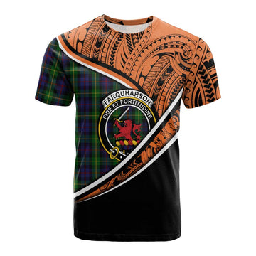 Farquharson Crest Tartan Cotton T-shirt with Polynesian Vibes Style - Orange Version