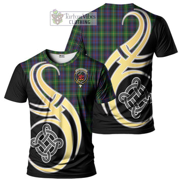Farquharson Tartan T-Shirt with Family Crest and Celtic Symbol Style