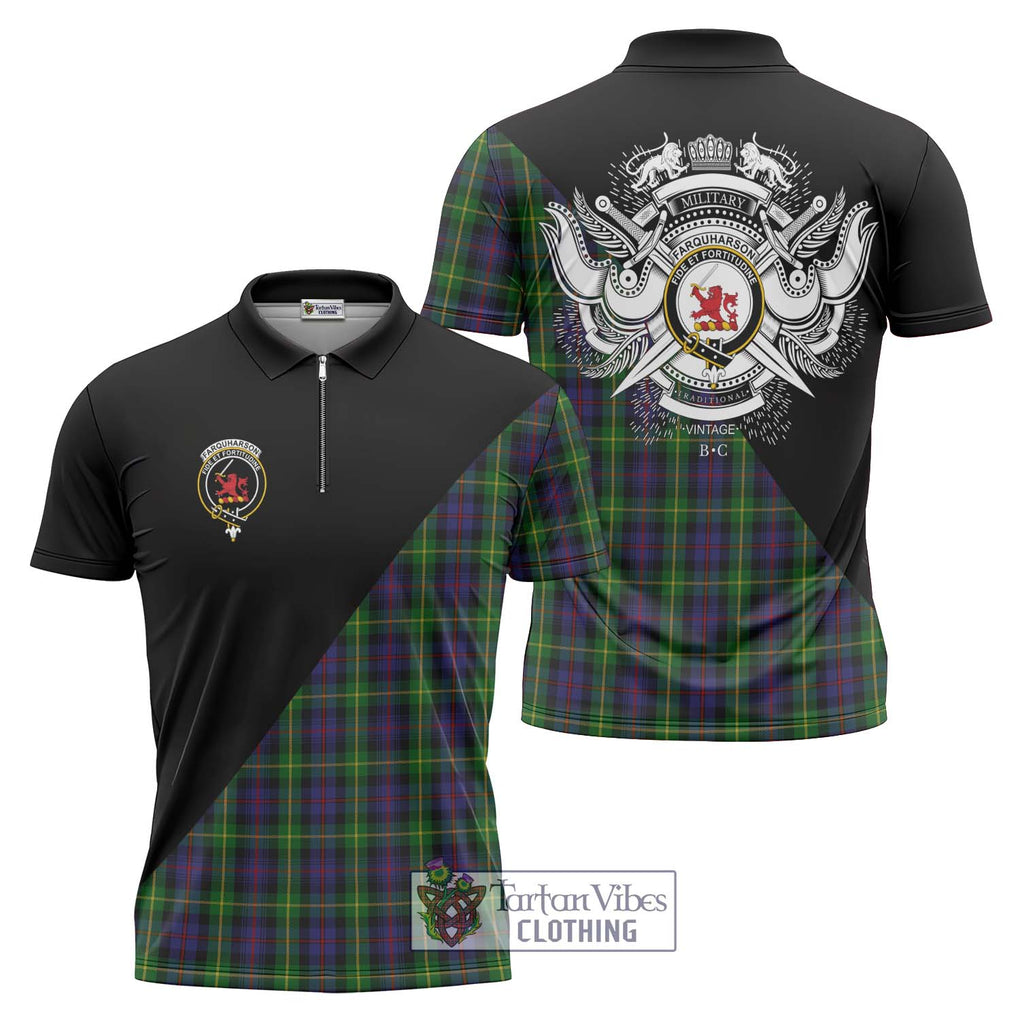 Farquharson Tartan Zipper Polo Shirt with Family Crest and Military Logo Style Unisex - Tartanvibesclothing Shop