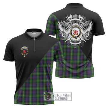 Farquharson Tartan Zipper Polo Shirt with Family Crest and Military Logo Style