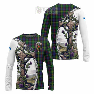 Farquharson Tartan Long Sleeve T-Shirt with Family Crest and St. Andrew's Cross Accented by Thistle Vines