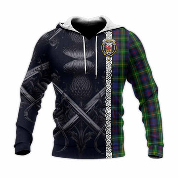 Farquharson Tartan Knitted Hoodie with Family Crest Cross Sword Thistle Celtic Vibes