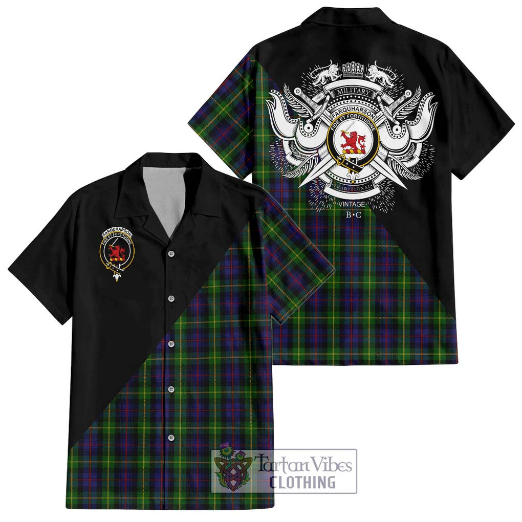 Farquharson Tartan Short Sleeve Button Shirt with Family Crest and Military Logo Style Kid - Tartanvibesclothing Shop