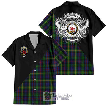 Farquharson Tartan Short Sleeve Button Shirt with Family Crest and Military Logo Style