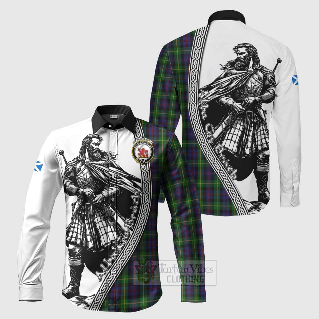 Tartan Vibes Clothing Farquharson Tartan Clan Crest Long Sleeve Button Shirt with Highlander Warrior Celtic Style