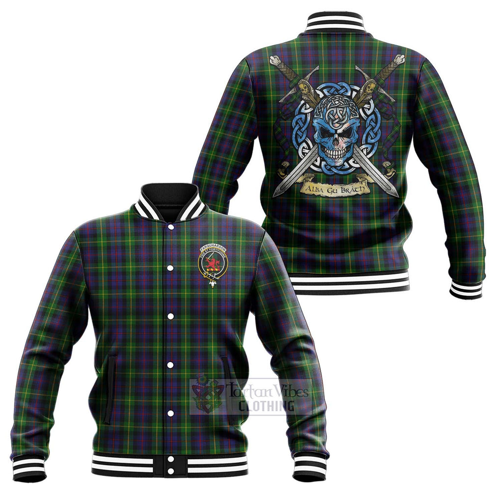 Tartan Vibes Clothing Farquharson Tartan Baseball Jacket with Family Crest Celtic Skull Style