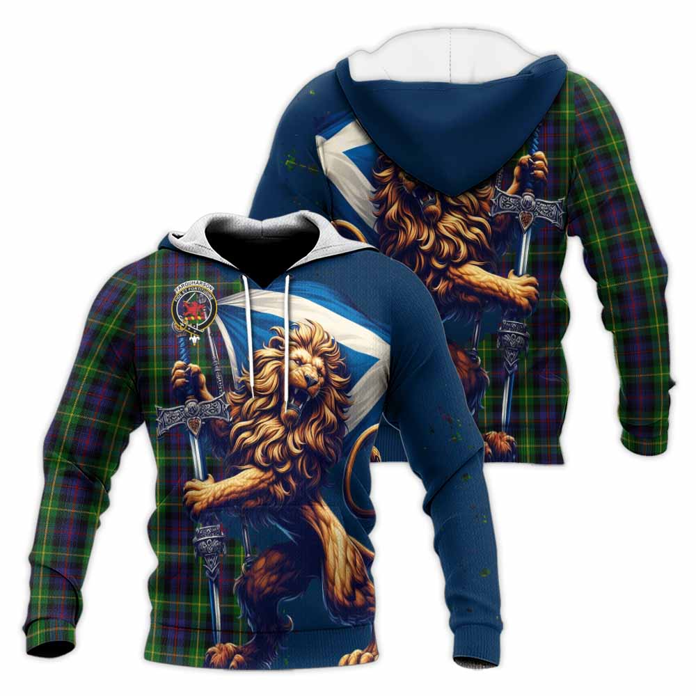 Tartan Vibes Clothing Farquharson Tartan Family Crest Knitted Hoodie with Scottish Majestic Lion