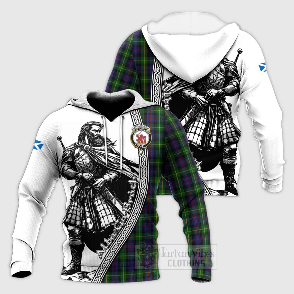 Tartan Vibes Clothing Farquharson Tartan Clan Crest Knitted Hoodie with Highlander Warrior Celtic Style