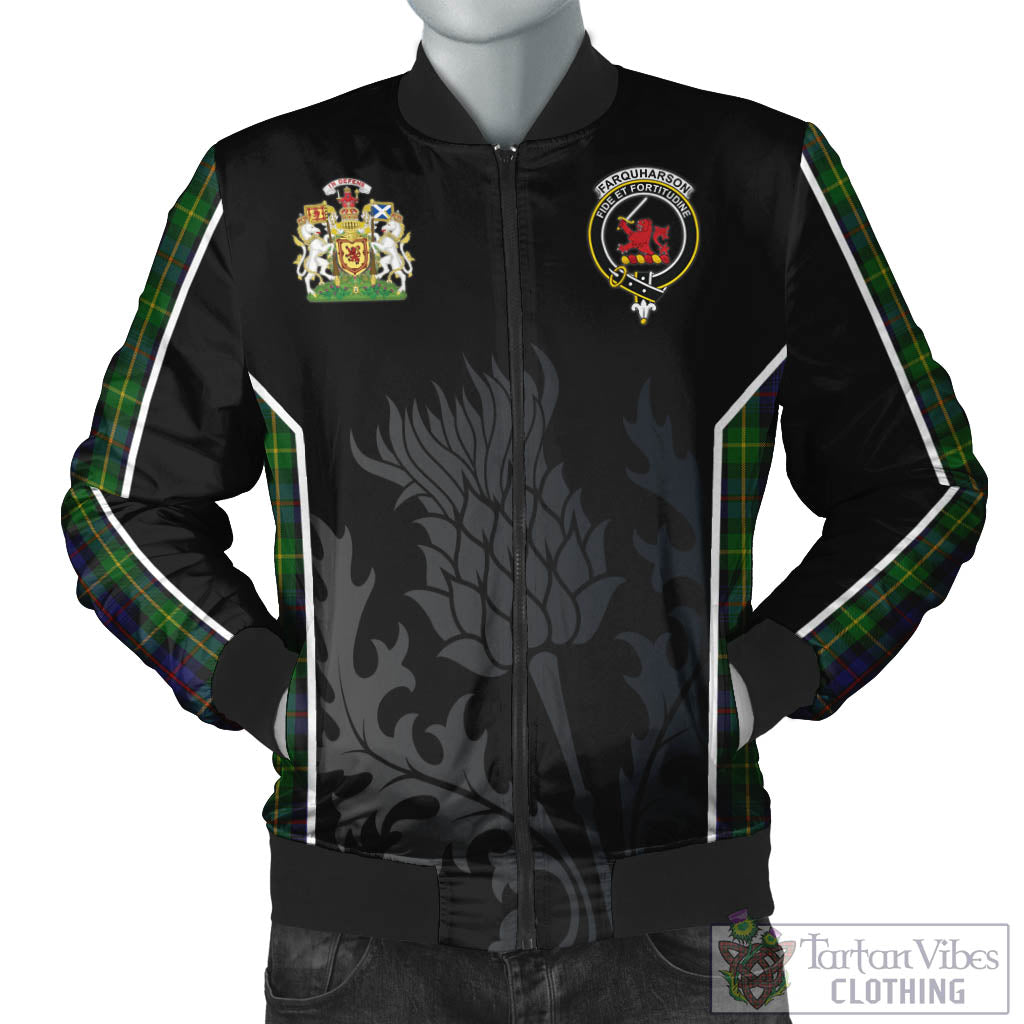 Tartan Vibes Clothing Farquharson Tartan Bomber Jacket with Family Crest and Scottish Thistle Vibes Sport Style