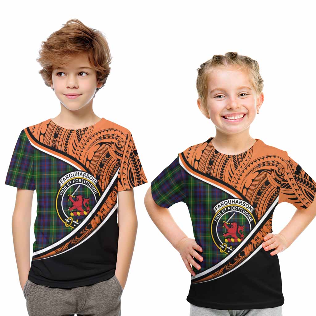 Tartan Vibes Clothing Farquharson Crest Tartan Kid T-Shirt with Maori Tattoo Style - Orange Version