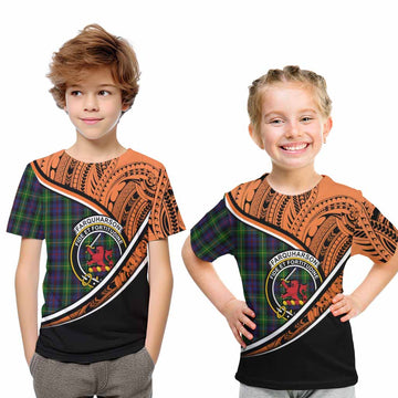 Farquharson Crest Tartan Kid T-Shirt with Polynesian Vibes Style - Orange Version